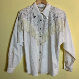 Western womens white fringe medium button down